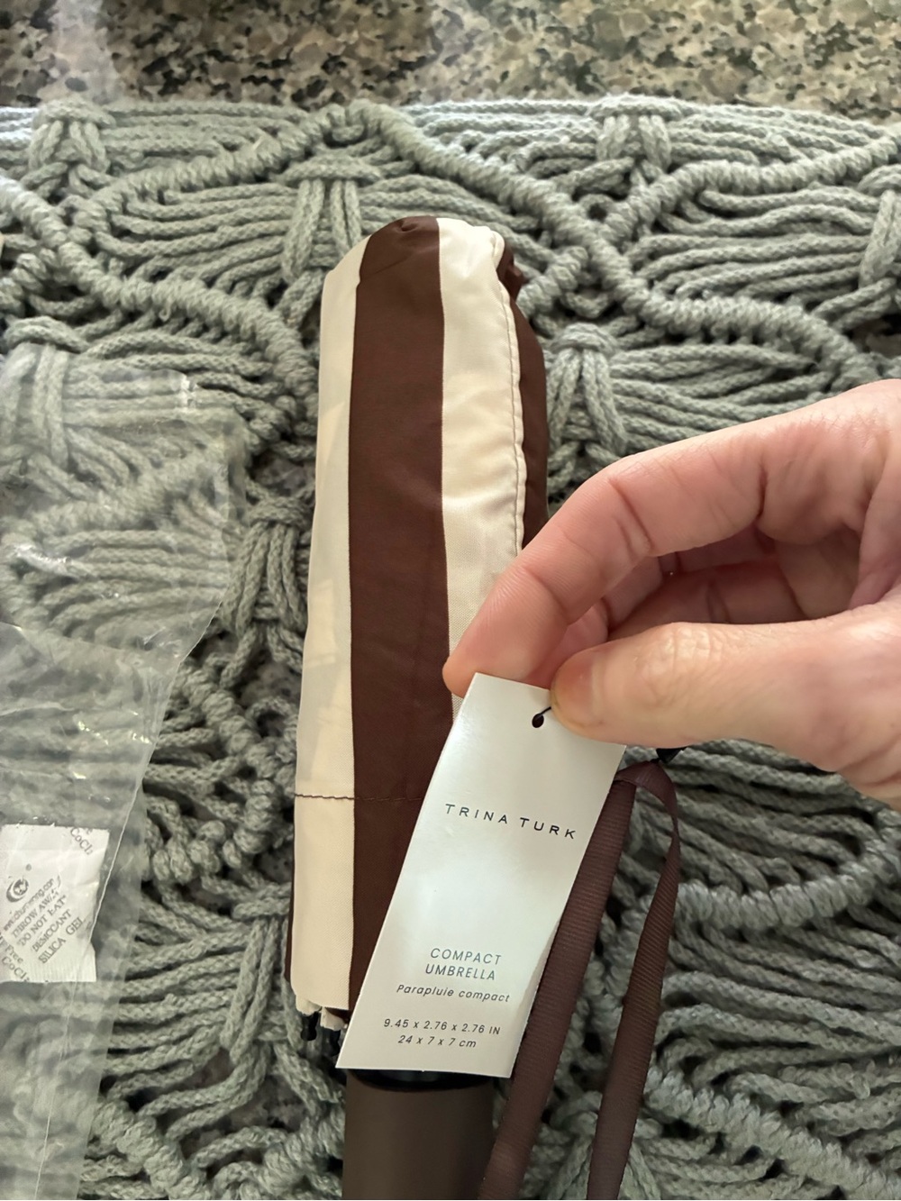 Trina Turk Brown and Cream Striped Compact Umbrella